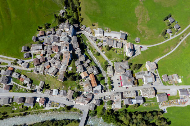 Aerial View of Splügen Valley, Swiss Canton of Graubuenden stock photo
