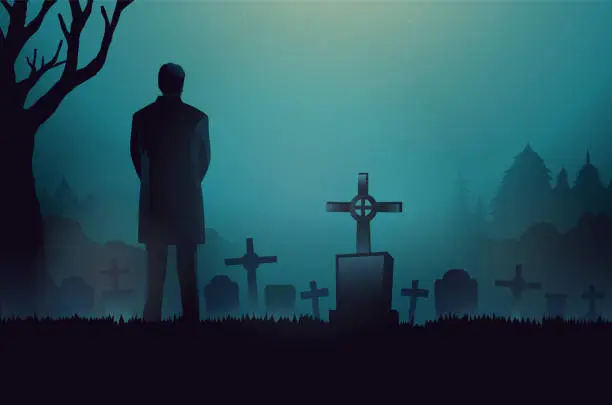 Vector illustration of Silhouette back of a man standing and mourning in front of a gravestone with a cross on the top. Respect for dead in graveyard at night in blue background.