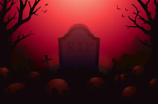 Vector illustration of Gravestone with RIP word engraved inscription on the front area in the graveyard with many skulls. Cemetery scene is full of skeletons, cadaver, and skulls.