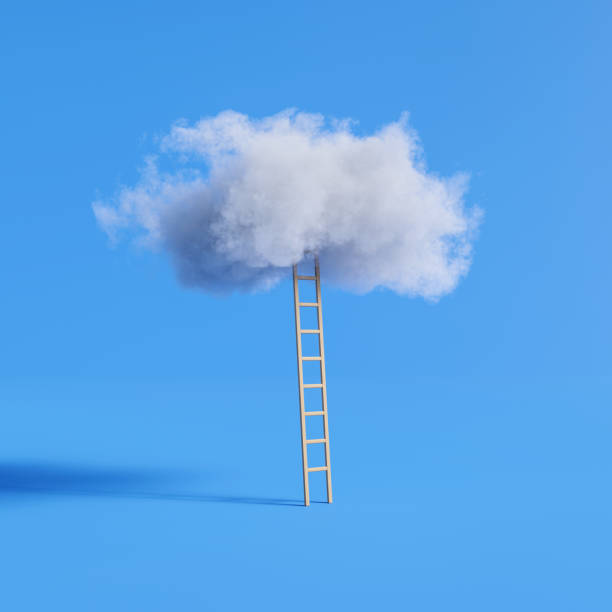 Ladder under a white fluffy cloud on blue background. 3D render. stock photo