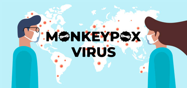 monkeypox virus world alert attack and doctors banner concept. monkey pox infection disease outbreak on earth with medical staff doctor and nurse. mpv mpvx danger and public health epidemic risk - 猴痘 插圖 幅插畫檔、美工圖案、卡通及圖標