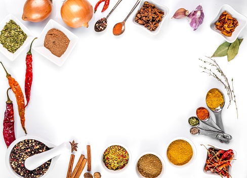 spices on white background isolated with place for text. view from above