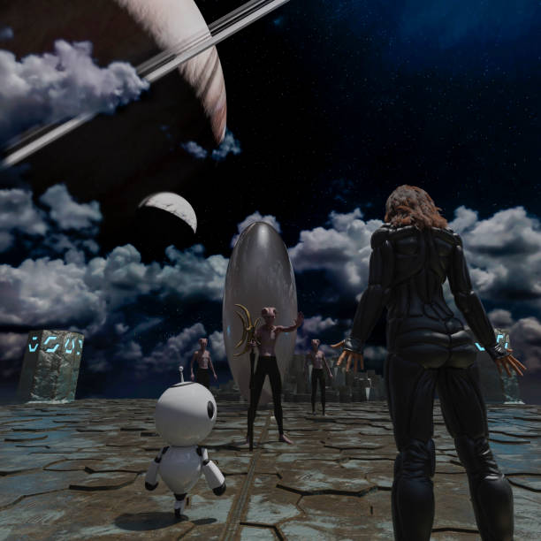 istock Astronaut and small robot facing a strange egg-shaped object and aliens at the spacewalk on a dark planet 1405493833