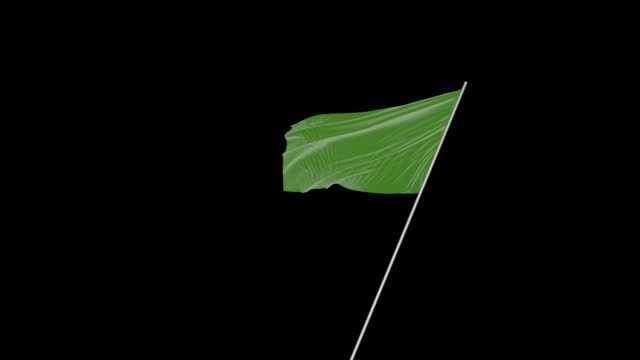 Hand Holding Waving Blank Green flag with Alpha Channel 3d Modeling and Animated Loopable - Cgi Green flag being waved Flag on Black Background including alpha matte