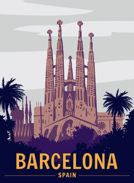 stockillustraties, clipart, cartoons en iconen met barcelona vintagetravel poster. sagrada familia gaudi basilica of spain, sunset sky. vector illustration - barcelona
