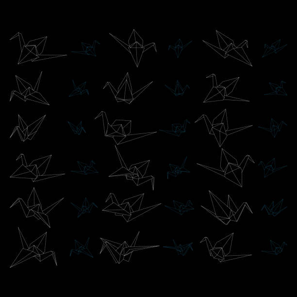 Set of origami crane vector outline dashed illustration isolated on black background. Japanese traditional origami crane for infographic, website or app. Geometric line shape for art of folded paper. Set of origami crane vector outline dashed illustration isolated on black background. Japanese origami crane for infographic, website or app. Geometric line shape for art of folded paper. origami hand stock illustrations