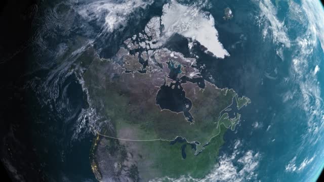 Highlighted Canada map, zooming in from the space through a 4K photo real animated globe, with a panoramic view consisting of Africa, West Europe and USA. Epic spinning world animation, Realistic planet earth, highlight, satellite, aerial