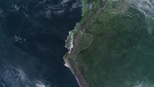 Highlighted Ecuador map, zooming in from the space through a 4K photo real animated globe, with a panoramic view consisting of Africa, West Europe and USA. Epic spinning world animation, Realistic planet earth, highlight, satellite, aerial