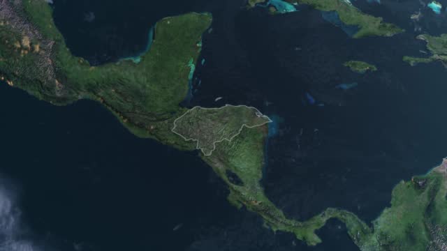 Highlighted Honduras map, zooming in from the space through a 4K photo real animated globe, with a panoramic view consisting of Africa, West Europe and USA. Epic spinning world animation, Realistic planet earth, highlight, satellite, aerial