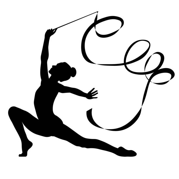 illustrations, cliparts, dessins animés et icônes de image de silhouette en noir et blanc des figures de sportives, gymnastique, exercices avec des objets - un ballon et un ruban - gymnastique au sol