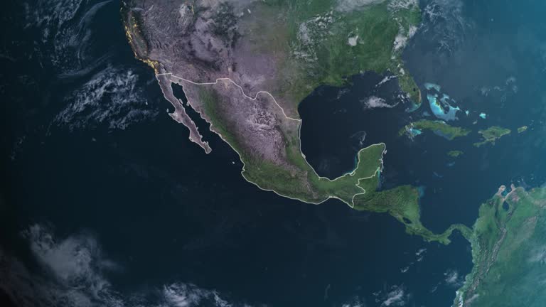 Highlighted Mexico map, zooming in from the space through a 4K photo real animated globe, with a panoramic view consisting of Africa, West Europe and USA. Epic spinning world animation, Realistic planet earth, highlight, satellite, aerial