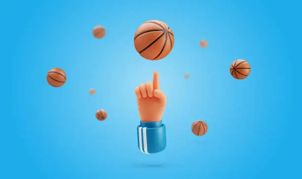 Vector illustration of 3d vector human hand spinning basket ball on the finger cartoon illustration . Basketball players arm holding ball on finger on blue background with a lot of balls