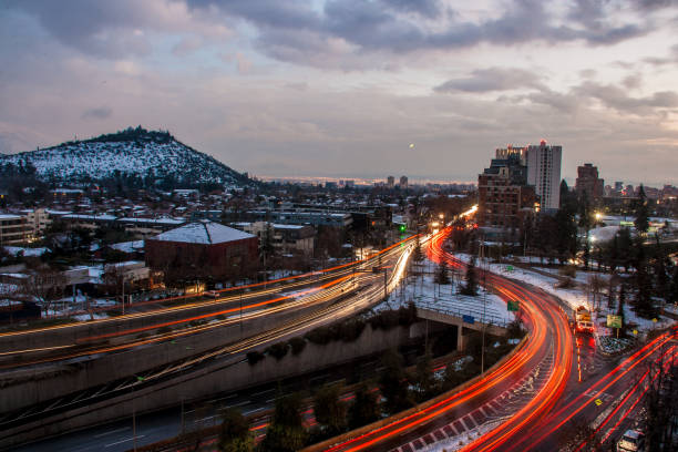 Snow at sunset in winter in Santiago de Chile