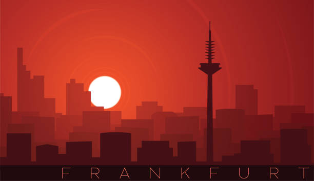 illustrazioni stock, clip art, cartoni animati e icone di tendenza di scena dello skyline di francoforte low sun - bce