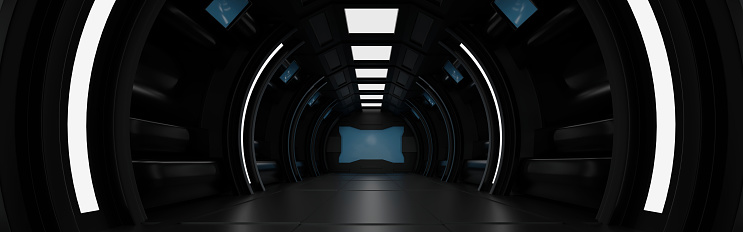 Inside spaceship or space station interior, Sci-Fi tunnel, corridor with empty space, Template Horizontal Banner header for Website, 3D rendering.