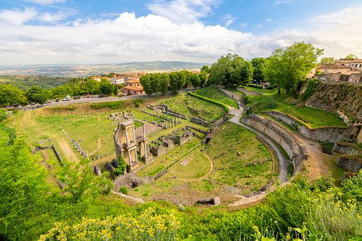Old ruins of Gallo Roman amphitheater on famous Fourviere hill, in Lyon city during a sunny summer day. Taken in Rhone department, in Auvergne-Rhone-Alpes region in France, Europe.