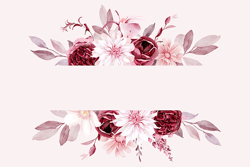 Burgundy and blush floral frame watercolor illustration