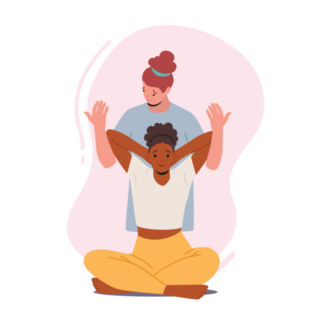 ilustraciones, imágenes clip art, dibujos animados e iconos de stock de rehabilitación de osteópatas, el carácter del médico mejora la salud de la mujer. sanador profesional ajusta la columna vertebral de la mujer negra - massage therapist illustrations