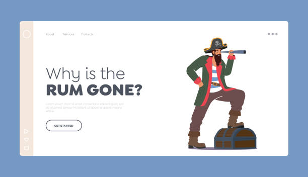 Buccaneer Character Landing Page Template. Pirate With Spyglass Look Into the Distance. Robber Wear Costume and Hat Buccaneer Character Landing Page Template. Pirate With Spyglass Look Into the Distance. Robber Wear Costume and Cocked Hat with Jolly Roger and Loot in Trunk, Cartoon People Vector Illustration political joke stock illustrations