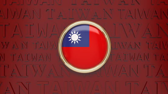 3D rendering of a badge with the Taiwanese flag on dark red background.