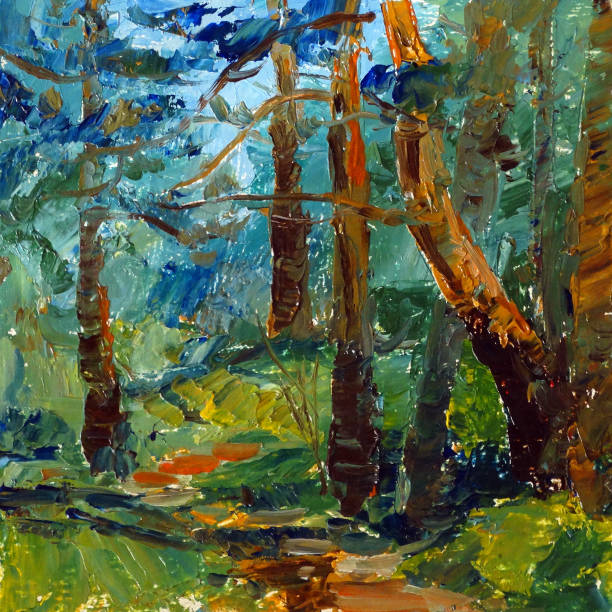 istock pine forest, summer sunny landscape, oil painting. 1405512484