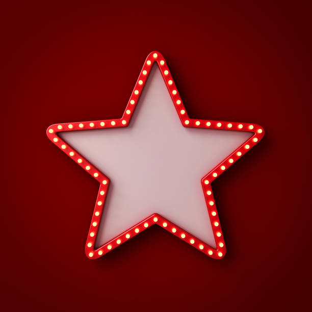 Blank retro star neon light signboard isolated on dark red wall background with shadow 3D rendering stock photo