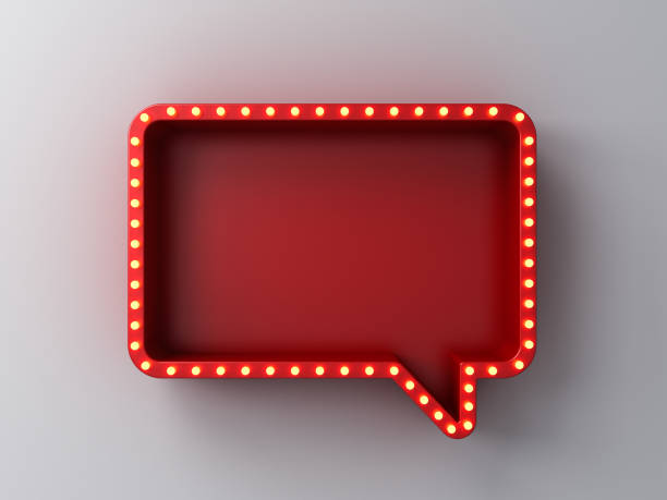 istock Retro red speech bubble notification pin box with yellow shining neon light bulbs isolated on dark white wall background with shadow creative idea concepts 3D rendering 1405513416