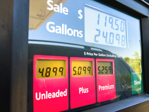 Precio del surtidor de gasolina en la estación de servicio durante la alta inflación Tres precios diferentes photo