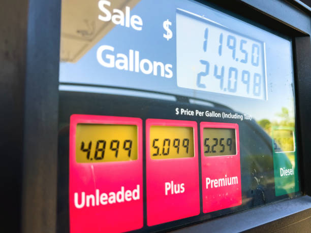 Precio del surtidor de gasolina en la estación de servicio durante la alta inflación Tres precios diferentes - foto de stock