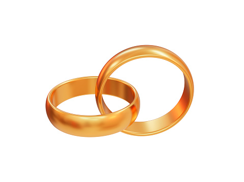 3d two gold rings on white isolated background. A symbol of a happy family life. 3d rendering illustration.