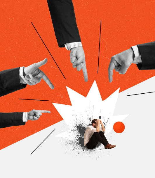 istock Contemporary art collage. Conceptual image with depressed, desperate employee suffering from social pressure. Many hands pointing 1405520020