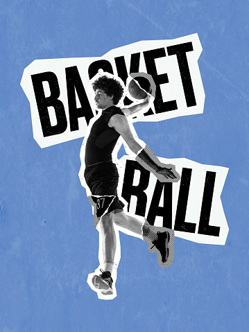 Magazine style poster with young professional basketball player in action, motion isolated on blue background with lettering. Concept of sport, movement, energy and dynamic, healthy lifestyle.