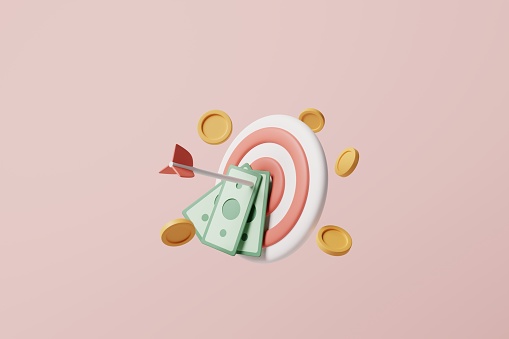 Target board with money coins and banknotes on pink background. Business profit, money savings target goal concept. 3d rendering