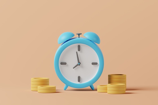 Cartoon alarm clock with money coins on background. In concept of time is the most valuable. 3d rendering