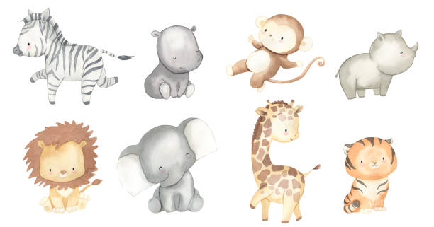 aquarell safari tierillustration für kinder - kleinaffe stock-grafiken, -clipart, -cartoons und -symbole