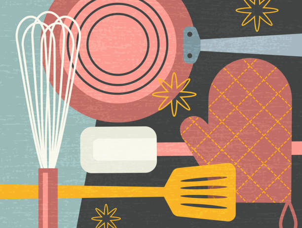 ilustracja narzędzi do gotowania i urządzeń do przygotowywania żywności. retro kulinarny wektor tematyczny. - vector illustration and painting food cooking stock illustrations