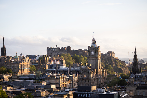 Historic architecture in the city of Edinburgh, Scotland at golden hour.