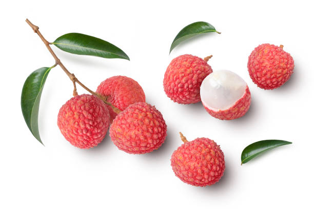istock Fresh Lychee fruit and green leaf isolated on white background, 1405531452