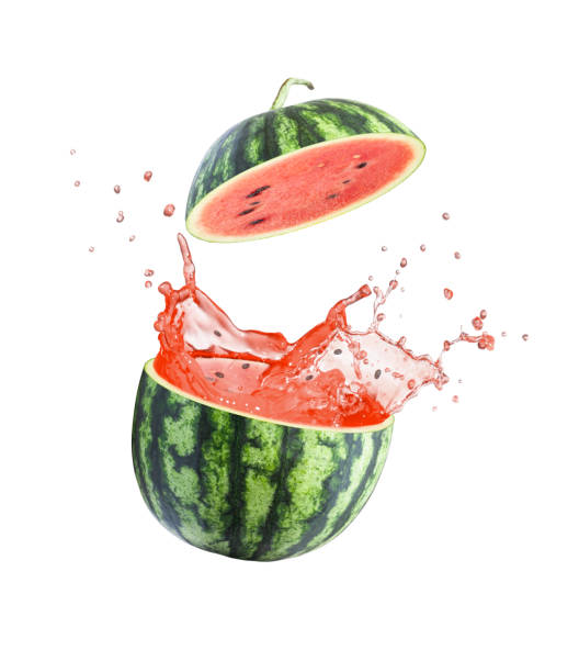 spruzzo di succo di anguria isolato su bianco - watermelon melon fruit juice foto e immagini stock