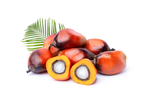 Pile of oil palm fruit and cut in half sliced with green leaf isolated on white background.