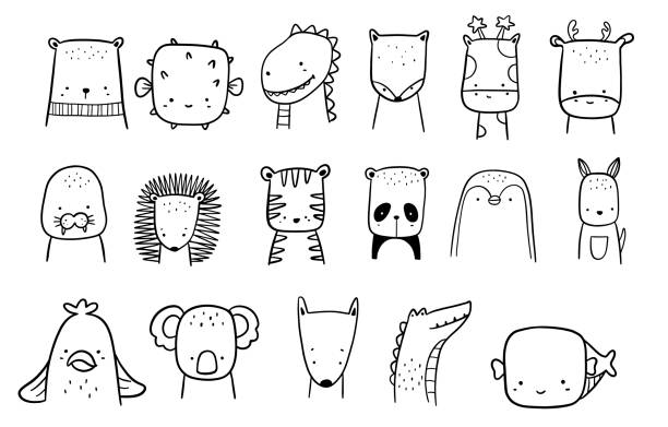 face animals cartoon bundle, duża kolekcja dekoracyjnych dla dzieci, postacie dla dzieci, karta, ręcznie rysowane, doodle, clipart, styl kreskówki.ilustracja wektorowa - animal doodle bear kangaroo stock illustrations