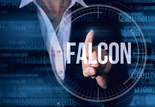 istock Business Woman with finger pressing FALCON button on virtual screens. 1405533005