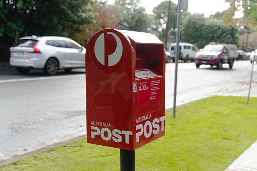 Sydney, Australia, May 7, 2021- Red Post Box at Telegraph road, Pymble, NSW