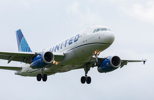 Portland, Oregon, USA - June 13, 2022: A United Airlines A319 comes in for landing at Portland International Airport.