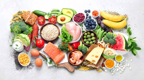 istock Healthy food assortment on light background. 1405535640