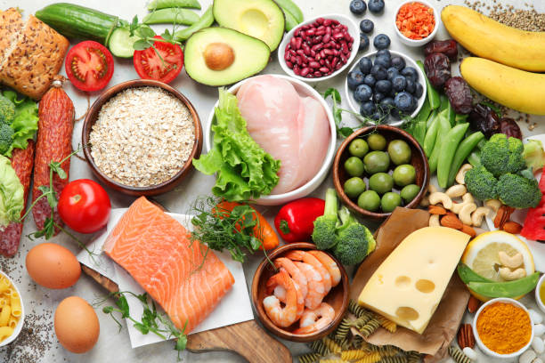istock Healthy food assortment on light background. 1405535912