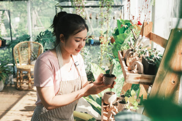 Happy small business owner at a plant shop. Portrait of a smiling young woman holding a plant in a small gardening shop. greenhouse nightclub nyc photos stock pictures, royalty-free photos & images