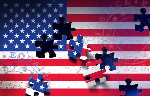 Conceptual graphic illustration of American flag losing pieces of puzzle. Art represents a nation’s struggle to stay united through new and complicated challenges of the times. For political and social themes.