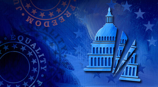 Government Capitol Building Damaged into pieces abstract background Conceptual graphic illustration of American Capitol Dome in sliced pieces falling apart. Art represents a nation’s struggle to stay united through new and complicated challenges of the times. For political and social themes. splitsen stock illustrations