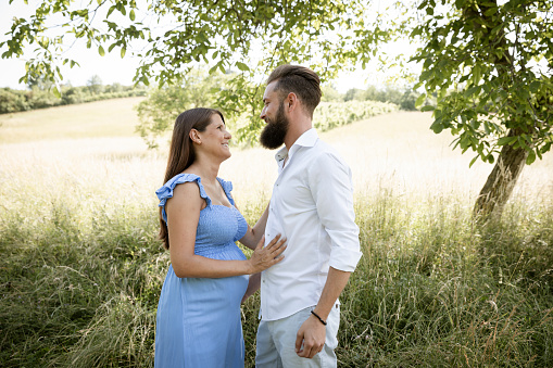 young couple in love standing in high flower meadow in summer and cuddling and the woman is pregnant and has a blue dress on and the man has a full beard